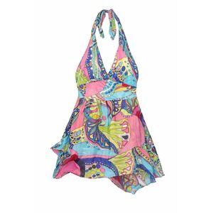 Anna Paul Halter Top M Multicolor Abstract Boho Flowy Tunic Asymmetrical Hem